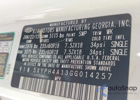 2016 Kia Sorento 2.0T Ex from USA, damaged, VIN 5XYPH4A13GG014257